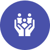 Hands holding people icon on blue background.