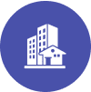 Icon of buildings on a blue circle.