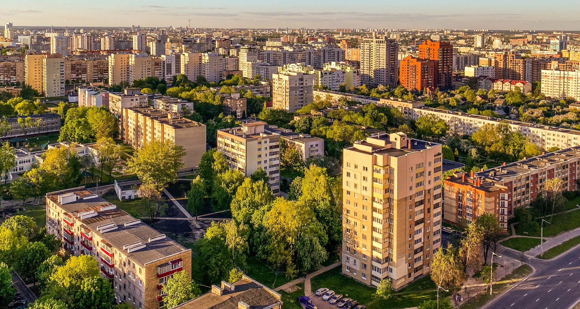 Aerial view of urban residential buildings.